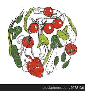 Hand drawn vegetables in a circle. Vector sketch illustration. . Vector background with vegetables.
