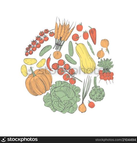 Hand drawn vegetables in a circle. Vector sketch illustration. . Vector background with vegetables.