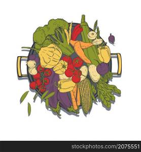 Hand drawn vegetables in a pan on white background. Vector sketch illustration. . Sketch vegetables. Vector illustration