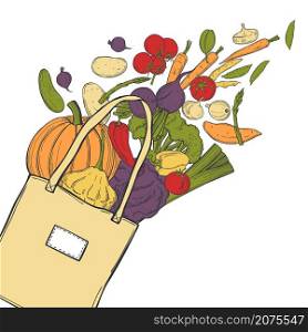 Hand drawn vegetables in bag on white background. Vector sketch illustration. . Sketch vegetables. Vector illustration