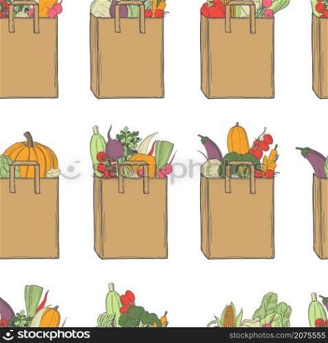 Hand drawn vegetables in paper bag on white background. Vector seamless pattern.. Sketch vegetables. Vector pattern.