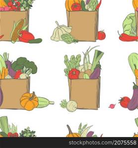 Hand drawn vegetables in paper bag on white background. Vector seamless pattern.. Sketch vegetables. Vector pattern.