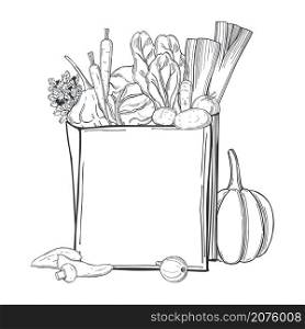 Hand drawn vegetables in paper bag on white background. Vector sketch illustration. . Vegetables in paper bag. Vector illustration.