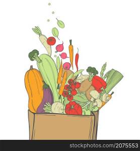 Hand drawn vegetables in paper bag on white background. Vector sketch illustration. . Sketch vegetables. Vector illustration