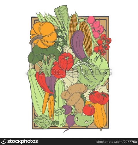 Hand drawn vegetables in wooden box. Vector sketch illustration. . Sketch vegetables. Vector illustration