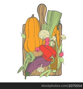 Hand drawn vegetables on cutting board. Vector sketch illustration. . Sketch vegetables. Vector illustration