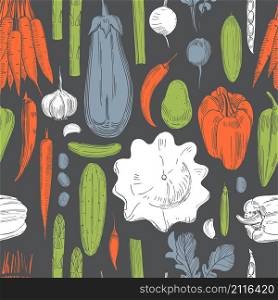 Hand drawn vegetables on dark background. Vector seamless pattern. Hand drawn vegetables on dark background.