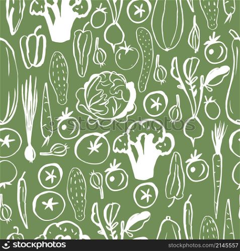 Hand drawn vegetables on green background. Vector seamless pattern. Hand drawn vegetables on white background.