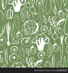 Hand drawn vegetables on green background. Vector seamless pattern. Hand drawn vegetables on white background.