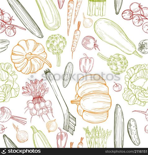 Hand drawn vegetables on white background. Vector seamless pattern. Hand drawn vegetables on white background.
