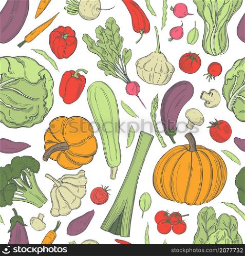 Hand drawn vegetables on white background. Vector seamless pattern.. Sketch vegetables. Vector pattern.