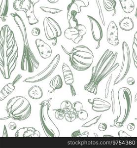 Hand-drawn vegetables on white background.. Vector seamless pattern.  . Sketch vegetables.  Vector  pattern. 