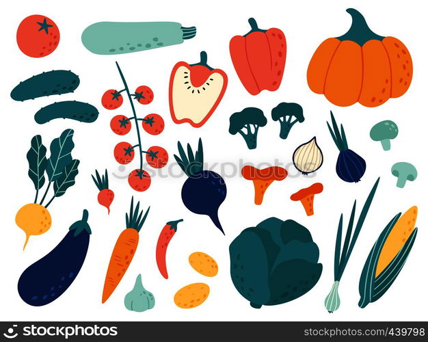 Hand drawn vegetables. Veggies nutrition doodle, organic vegan food and vegetable doodles. Tasty organic vegetarian veggies. Vector illustration isolated symbols set. Hand drawn vegetables. Veggies nutrition doodle, organic vegan food and vegetable doodles vector illustration set