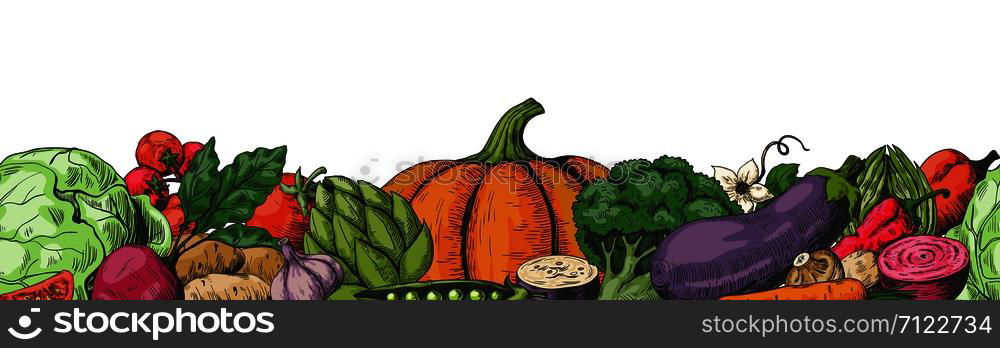Hand drawn veggies. Colored vegetables frame border seamless pattern. Vector illustration watercolor food sketch watercolor on white background. Hand drawn colored vegetables border seamless pattern. Food sketch border frame with space for text. Vector illustration