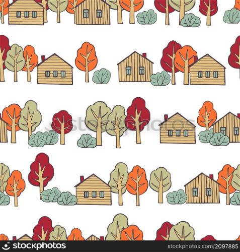 Hand drawn village houses and trees on white background. Vector seamless pattern.. Hand drawn houses on white background