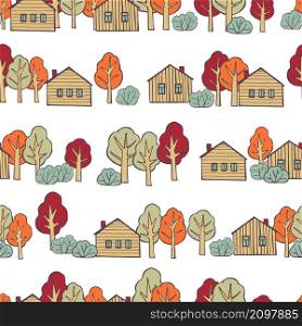 Hand drawn village houses and trees on white background. Vector seamless pattern.. Hand drawn houses on white background
