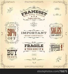 Hand Drawn Vintage Banners And Ribbons. Illustration of a set of hand drawn frames, sketched banners, floral patterns, coupons and tickets, and graphic design elements on vintage leather or old paper background