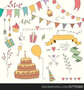 Hand drawn vintage birthday design elements, flowers and floral elements, vector illustration