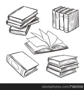 Hand drawn vintage books. Sketch book piles. Library, bookshop vector retro design elements isolated on white background. Illustration of literature for study read. Hand drawn vintage books. Sketch book piles. Library, bookshop vector retro design elements isolated on white background