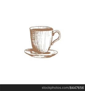 Hand drawn vintage coffee and cup vector illustration. A cup of coffee or latte or cappuccino and tea. Pencil drawn in vintage engraving style. Isolated on a white background.