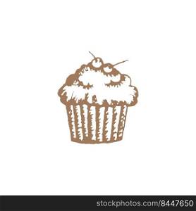 Hand drawn vintage coffee and cupcake with a cherry vector illustration. Baking for a coffee shop, muffin. Pencil drawn in vintage engraving style. Separate on a white background.
