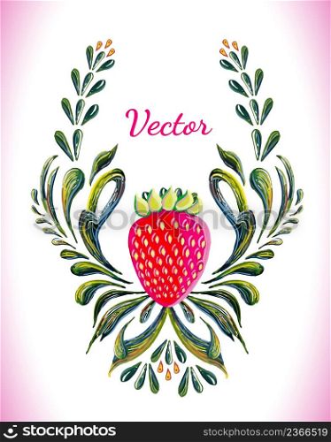 Hand drawn vintage floral ornament with strawberry.. Hand drawn strawberry