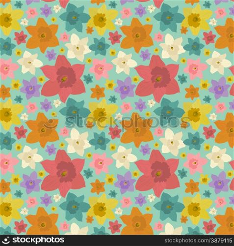 Hand drawn vintage floral pattern with daffodils or narcissus. Vector texture for print, wallpaper, spring summer fashion, wedding invitation card background, fabric, textile, gift paper