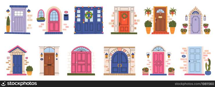 Hand drawn vintage front wooden doors, house or apartment entrances. House front doors, retro wooden home entrance vector illustration set. Exterior entrance closed doors. Front house building door. Hand drawn vintage front wooden doors, house or apartment entrances. House front doors, retro wooden home entrance vector illustration set. Exterior entrance closed doors