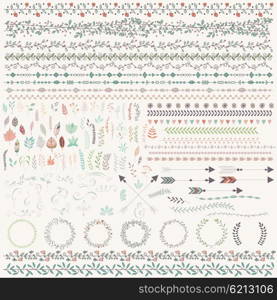 Hand drawn vintage leaves, arrows, feathers, wreaths, dividers, ornaments and floral decorative elements, vector illustration