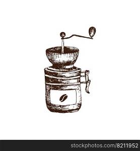 Hand drawn vintage manual coffee grinder by vector illustration. Ceramic round coffee grinder with metal handle and coffee grain. Pencil drawn in vintage engraving style. Separately on a white background.