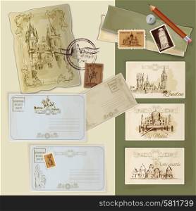 Hand drawn vintage postcards set with world landmarks scrapbooking template vector illustration. Vintage Postcards Set