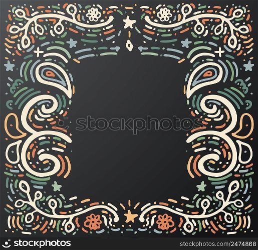 Hand drawn vintage print with decorative ornament and copy space. Vintage background. Vector illustration. Isolated on black
