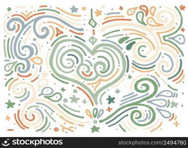 Hand drawn vintage print with decorative outline heart. Hand drawn swirl illustration of ethnic style. Vintage background. Vector illustration. Isolated on white
