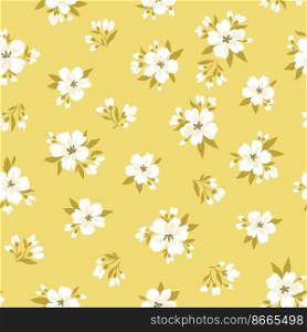 Hand-drawn vintage seamless pattern with apple tree flowers. Vector floral illustration in retro style. Fabric print classic design. Creative stylish background.