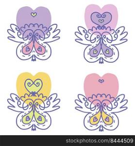 Hand drawn vintage style pansies collection. Floral aesthetic set for tee, stickers, party invitations, banners, postcards and logo. Doodle vector illustration for decor and design.
