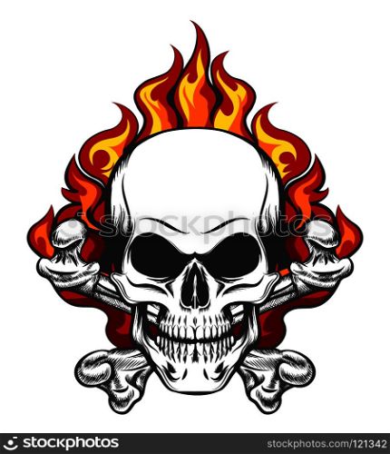 Hand drawn vintage stylized skull and bones in flames in tattoo style. Vector illustration.