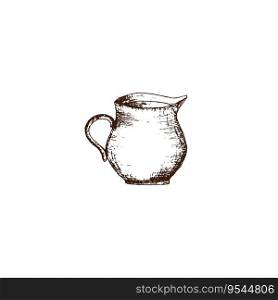 Hand drawn vintage vessel for cream by vector illustration. Jug of cream or milk for coffee or tea. Pencil drawn in vintage engraving style. Separately on a white background.