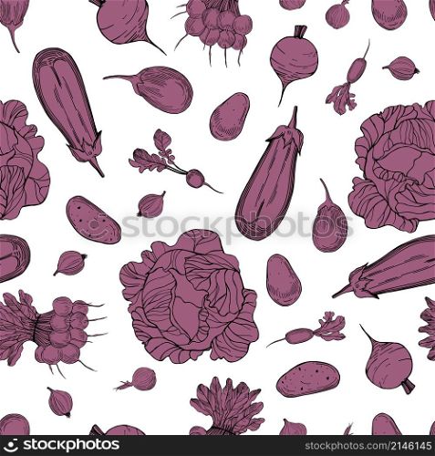 Hand drawn violet vegetables on white background. Vector seamless pattern. Hand drawn vegetables on white background.