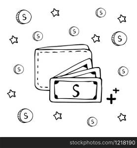 Hand drawn wallet and cash money coin vector illustrator design on white.