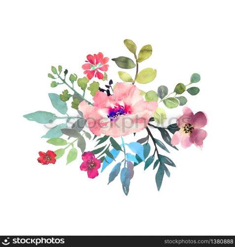 Hand drawn watercolor bouquet on white background. Beautiful gentle flowers in the composition. Roses. Design for card, invitation. Vector