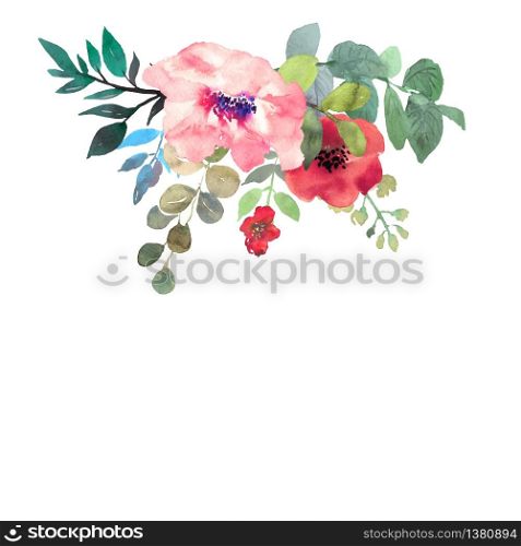 Hand drawn watercolor bouquet on white background. Beautiful gentle flowers in the composition. Roses. Design for card, invitation. Vector