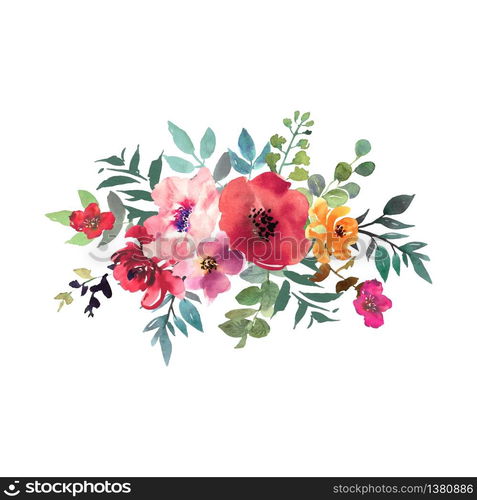 Hand drawn watercolor bouquet on white background. Beautiful gentle flowers in the composition. Roses. Vector