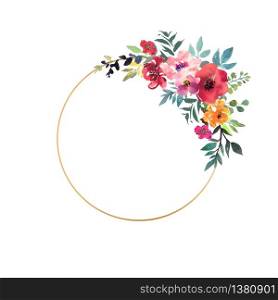 Hand drawn watercolor bouquet with place for your text. Design for card, invitation. Floral arrangement with gold circle frame. Wreath with flowers. Vector illustration