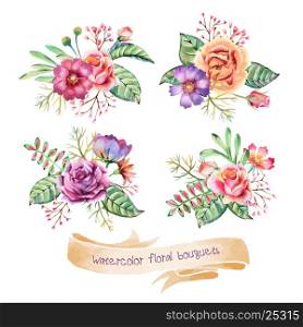 Hand drawn watercolor bouquets. Romantic flowers for flyers, posters, placards, invitation, wedding, greeting and save the date cards.
