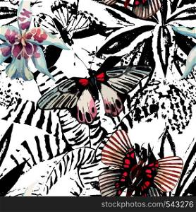 Hand drawn watercolor exotic butterfly, tropic orchid flower on a black and white background of plant leaf. Trendy floral with animal graphic seamless vector pattern wallpaper