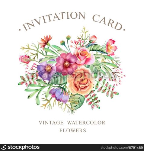 Hand drawn watercolor flowers. Template for flyers, posters, placards, invitation, wedding, greeting and save the date cards.