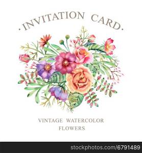 Hand drawn watercolor flowers. Template for flyers, posters, placards, invitation, wedding, greeting and save the date cards.