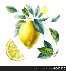 Hand drawn watercolor painting on white background. Vector illustration of fruit lemon