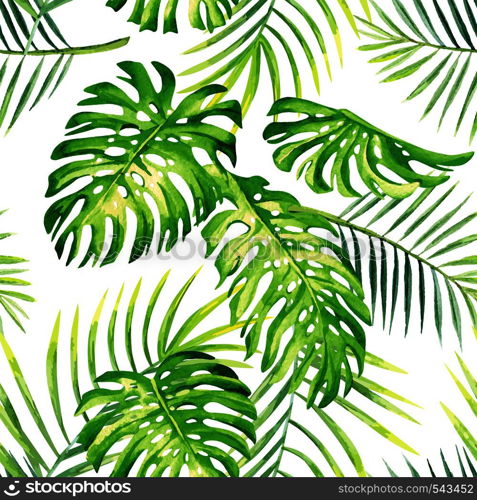 Hand drawn watercolor tropic monstera leaves and palm. exotic jungle vector painting plant seamless summer pattern
