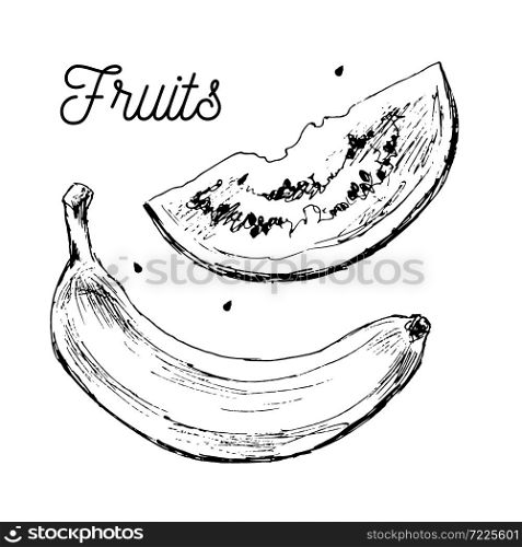 Hand drawn watermelon banana. Retro sketches isolated. Vintage collection. Linear graphic design. Slices of watermelon. Black and white image of fruit. Vector. Hand drawn watermelon banana. Retro sketches isolated. Vintage collection. Linear graphic design. Slices of watermelon. Black and white image of fruit. Vector illustration.